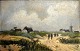 Herschend, Oscar (1853 - 1891) Danmark: Folk på en vej i klitterne. Usigneret. Olie på skiffer. ...