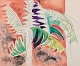 Sverre Erxson (født 1932), svensk kunstner, akvarel på papir.
Dekoration med palmetræ. Abstrakt stil.