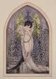 Louis Icart (1888-1950). Farvelitografi på japanpapir. Elegant kvinde med buket af roser i en ...