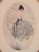 Louis Icart (1888-1950), farvelitografi på japanpapir. Elegant kvinde omgivet af ...