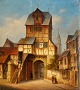 Frank, A. H (19. årh.): Hotel og tårn i en tysk by. Olie på malerpap. Signeret. Verso signeret ...