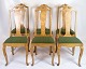 Antikke spisestuestole i lys birketræ med grøn stof betræk fremstillet i rokoko stil fra omkring ...