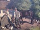 S. 
Christiansen, 
Par på landet 
med hest, ænder 
og høns, 
olimaleri på 
lærred. Mål med 
ramme: 118x103