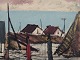Peder Brøndum Sørensen (1931-2003) dansk maler, olie på lærred. ”Figurer og huse 
ved havet”. Modernistisk motiv.