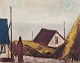 Peder Brøndum Sørensen (1931-2003), Danish painter, oil on canvas.
"Figure by Houses and Sea".