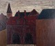 Peder Brøndum Sørensen (1931-2003), dansk maler, olie på plade.
”Mørke huse”.