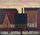 Peder Brøndum Sørensen (1931-2003), dansk maler, olie på plade.
Figurer og huse.