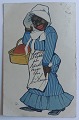 Kvinde på 
indkøb med 
kurv. Dansk 
tegnet 
postkort. 
Annulleret i 
1906. I god 
stand. Signeret 
med "B"