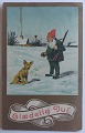 Julekort af 
Fritz Kraul 
(1862-1935): 
Nissefar på 
jagt med sin 
hund. Frimærke 
delvist 
fjernet. ...