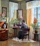 Tornøe, Karen 
Elisabeth (1847 
- 1933) 
Danmark: En 
kvinde ved et 
skrivebord i en 
stue. Olie på 
...
