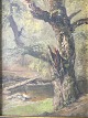 Peter Busch 
(1861-1942):
Skovparti med 
bro over bæk.
Olie på 
lærred.
Sign.: P. 
Busch
Rammen ...
