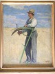 Rudolf 
Rud-Petersen 
(1871-1961):
Høstarbejder 
hvæsser leen.
Forstudie til 
værket ...