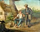 Tysk kunstner 
(19. årh.): 
Gårdeksteriør 
med to 
vandringsmænd, 
der holder 
hvil. 
Usigneret. olie 
...