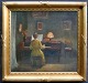 Friis Nybo, 
Poul (1869 - 
1929) Danmark: 
Klaver 
spillende 
kvinde. Olie på 
lærred. 
Signeret. 49 x 
...