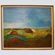 Jens Søndergaard; Landscape painting with fields in the foreground, and tower and sea in the ...