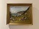 Description:Oil painting by FL.N, depicting a dramatic rocky coast with vegetation and sea, ...