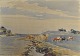 Svendsen, Albert (1889 - 1959) Danmark: Heste og køer ved en fjord. Akvarel. Signeret 1946. 28 x ...