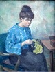 Helme, Helge (1894 - 1987) Denmark: A Woman Sewing. Oil on canvas. Signed: H. Helme. H: 35.5 cm. ...