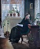 Resen-Steenstrup, Johannes (1868 - 1921) Danmark: Interiør med læsende kvinde ved et vindue. ...