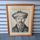 Tryk på papir monteret i træramme, portræt af en mand med en pibeKunstner Knudaage Larsen ...