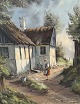 Kjeld Krautwald (1919-2000), Piger udenfor en gård, oliemaleri på lærred, Mål med ramme 72x82cm ...