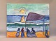 Bjarne Jehn (1934-2015).Motiv: Solnedgang med personer på stranden.Olie på lærred, navn og ...