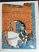 Albert Naur (1889-1973):Cyklende kvinde ved bymur.Farvelitografi på papirUsigneret.Uden ...