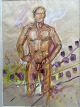 Steen Andersen (20 årh):Nøgen mandlig croquis model 1990.Akvarel/kridt på papirSign.: ...