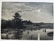 Adolph Larsen (1856-1942):Måneskin ved sø 1922.Radering på papir.Signeret med bly - Adolph ...