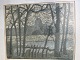Jens Peter Groth-Jensen (1918-2018):Kirke og træer 1976Farvetræsnit på papir.Sign.: Groth ...