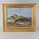 Maleri på lærred monteret i guldmalet træramme med motiv af rødt hus ved klitområde.Kunstner ...