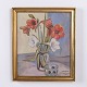 Maleri på lærred med dekorativt blomstermotiv. Værket er indrammet i en guldramme og udført som ...
