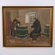 Maleri på lærred med motiv af et kloster og munke. Værket er indrammet i en dekorativ guldramme ...