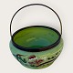 Bred Kiksespand, lysegrønt glas bemalet med blomster, Monteret med metal hank, 10cm høj, 21cm i ...