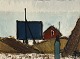Peder Brøndum Sørensen (1931-2003), Figur ved huse, oliemaleri på lærred, Mål med ramme 48cm x ...