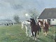Johannes Meyer Andersen (1918-2005), Oliemaleri på lærred, 4 heste foran en gård og køer i ...
