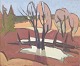 Svensk kunstner, olie på plade, 1960/70’erne.Modernistisk landskab med træer og vandparti, ...