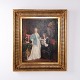 Oliemaleri på lærred med motiv af to personer i et interiør, hvor den ene person står, mens den ...