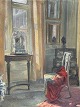 Robert Panitzsch (1879 - 1949), Oliemaleri på lærred, Vindue i højloftet stue - lysindfald mod ...