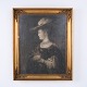 Tryk med portrætmotiv af en kvinde i profil iført bred hat med fjer, smykker og historisk dragt. ...