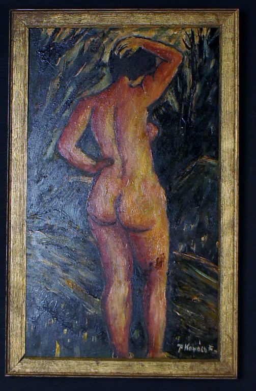 Oil on board, portrait of nude woman, indistinctly signed, unknown artist. 
Approximately 1920.