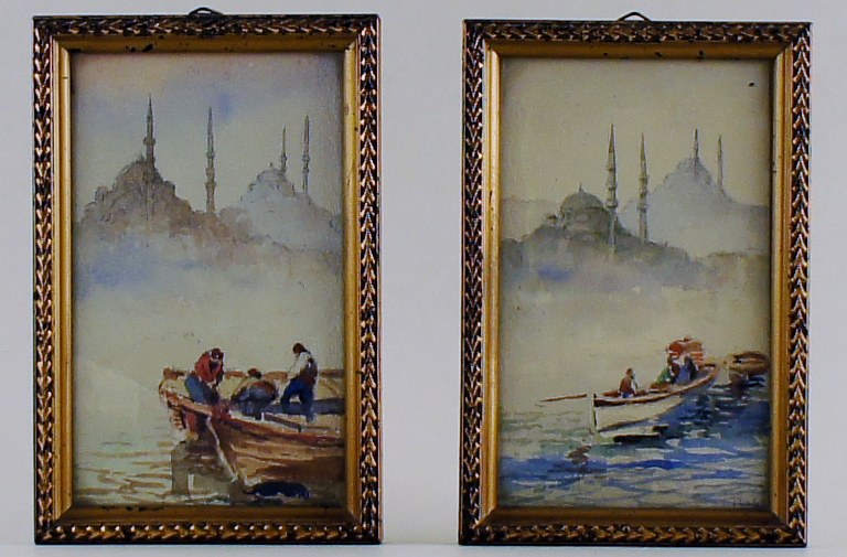2 akvareller, motiv fra Istanbul, utydeligt signeret.