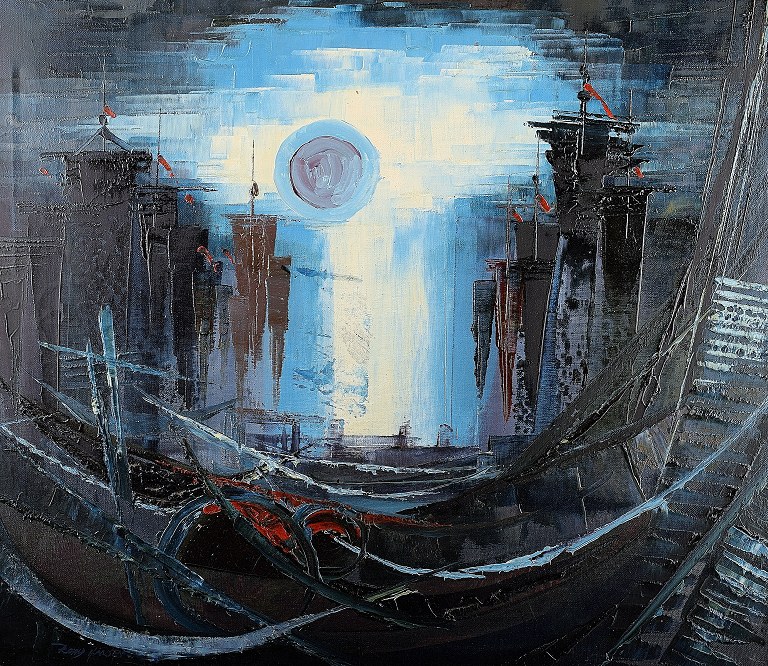 Oil on canvas, Roald Hansen (Born 1938) Sunset over fishing village.
