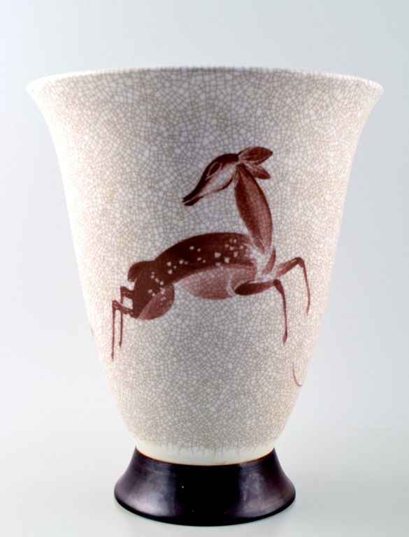 Art deco crackle porcelain vase, B&G, Bing & Grondahl, decorated with a deer.
