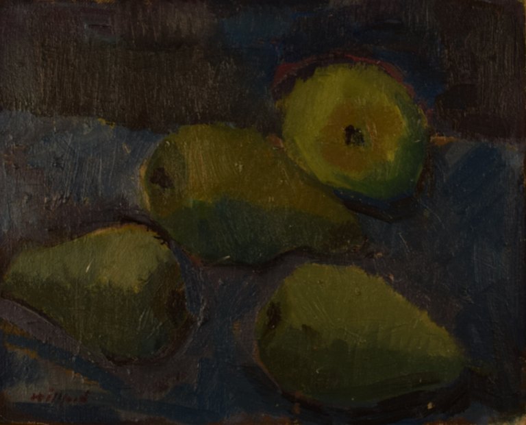 Modernist still life with pears, mid 20th century, unknown painter.
Oil on canvas.