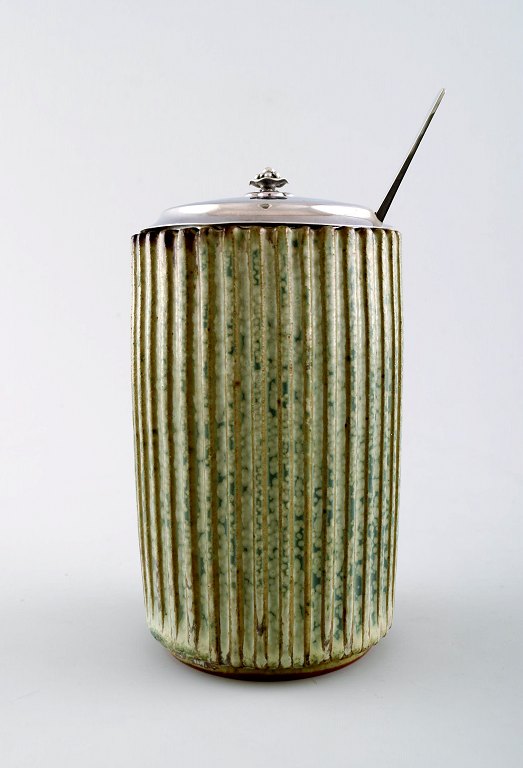 Arne Bang, Georg Jensen and Rey Urban, ceramic jam jar, sterling silver lid by 
Georg Jensen and Rey Urban silver spoon.