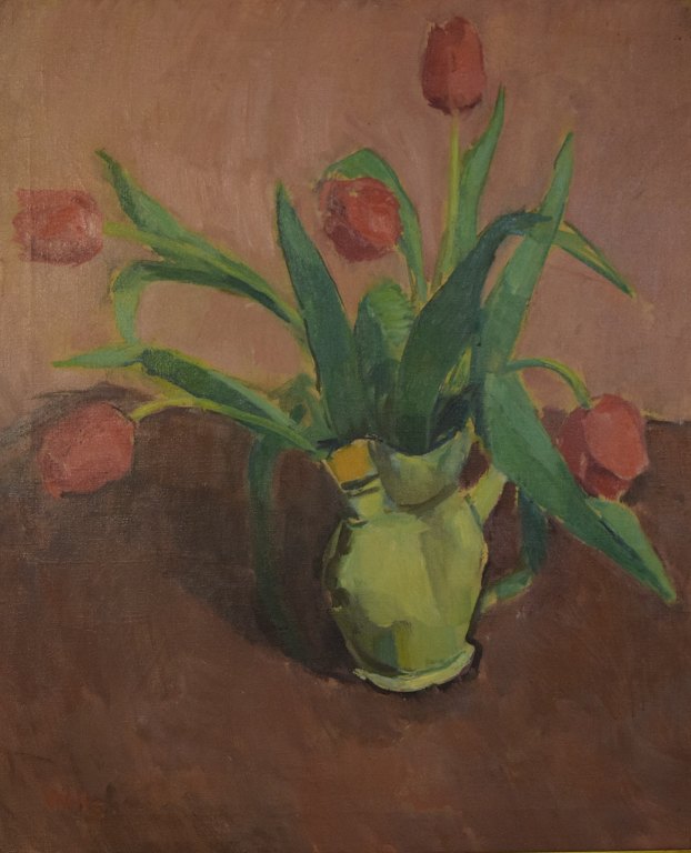 Wils, Vilhelm (1880 - 1960) Danmark: Opstilling med røde tulipaner i kande. 
Olie på lærred.
