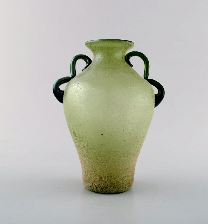 Murano vase with handles in light green mouth blown art glass, 1960