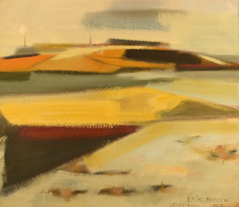 Erik Bonow, Danish painter. Oil on canvas. "Vendsyssel", 1963.
Modernist landscape.