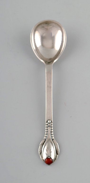 Evald Nielsen number 3, jam/marmelade spoon in hammered silver with cabochon 
coral bead. 1920